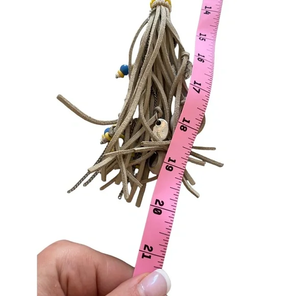 Chico's Long Wood Bead Leather Tassel Lariat Necklace Yellow Blue statement long - Picture 12 of 16